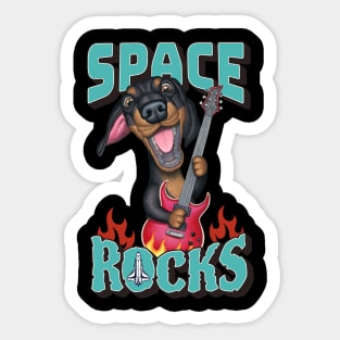 Fun Doxie Dog with guitar on a Dachshund Space Rocks tee Sticker